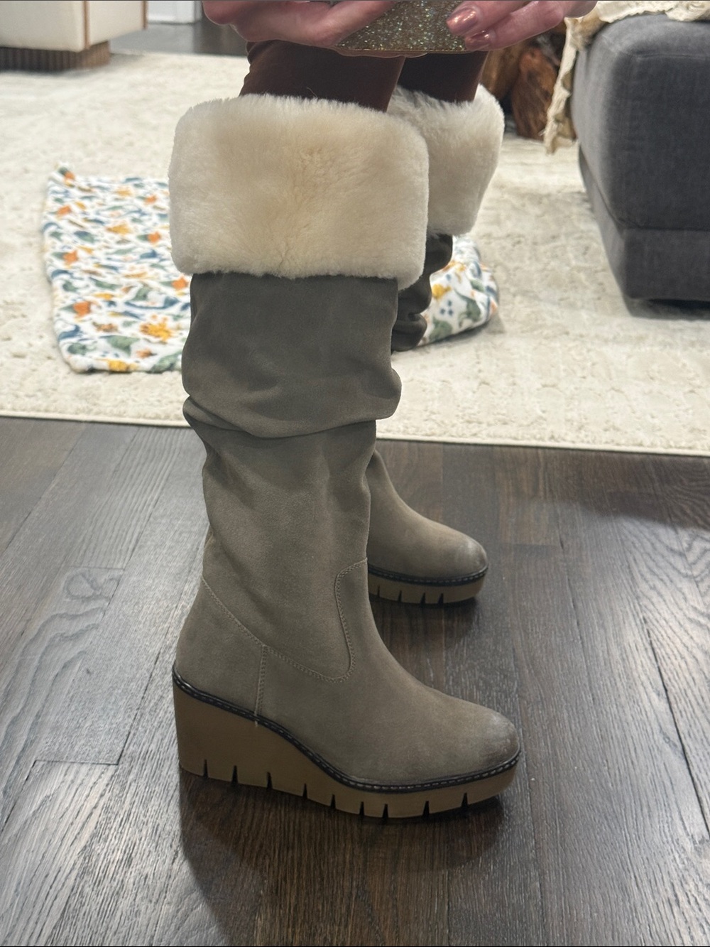 Women's Suede Wedge Boots with Faux Fur Cuff - Taupe